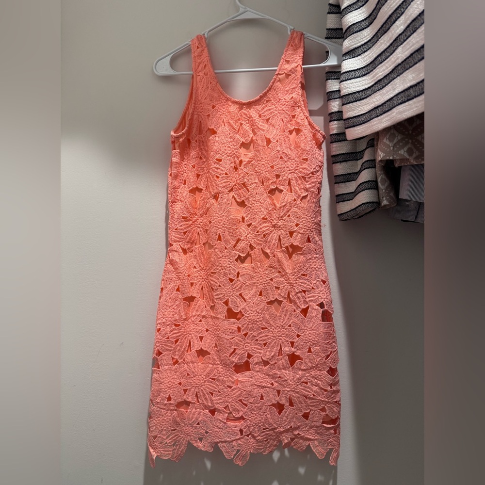 Sleeveless Coral Lace Overlay Dress